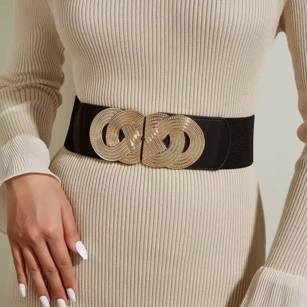 🆕 Gold Black Vintage Interlocking Buckle Elastic Waist Adjustable Belt Small